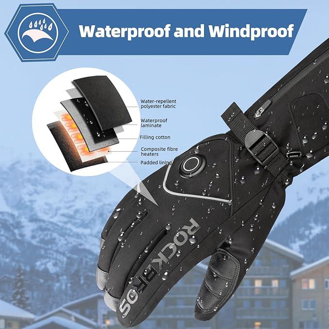 ROCKBROS Heated Gloves Electric Rechargeable Battery Thermal Mittens Gloves for Men Women Winter Touchscreen Waterproof Warm Glove Liners Cold Weather Gloves for Cycling, Skiing, Snowboarding