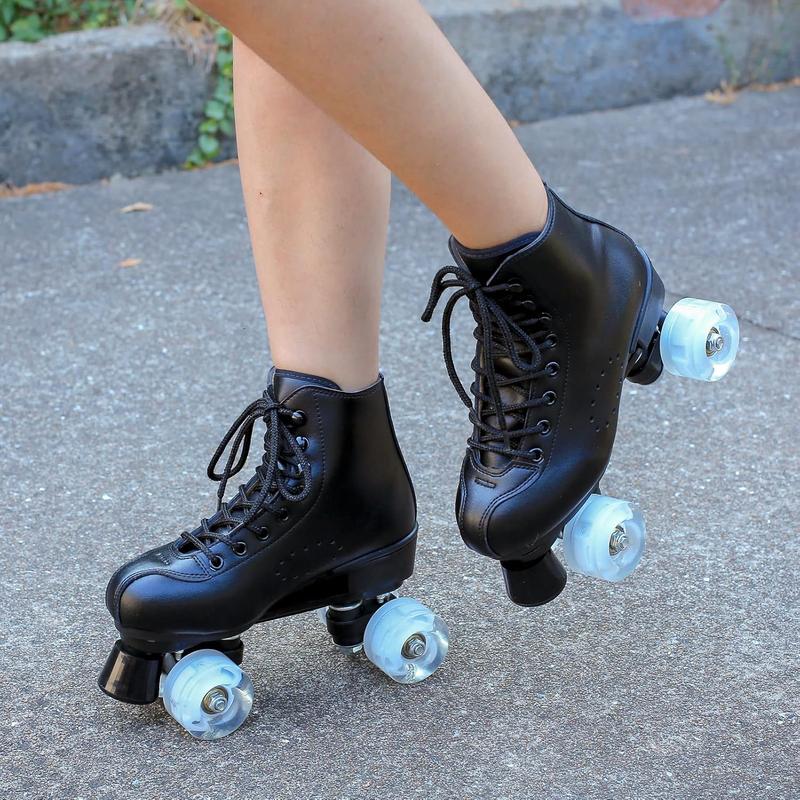 Roller Skates for Men and Women, Black Derby Roller Skates with 4 Shiny Wheel, Classic Double-Row Roller Skates for Indoor and Outdoor