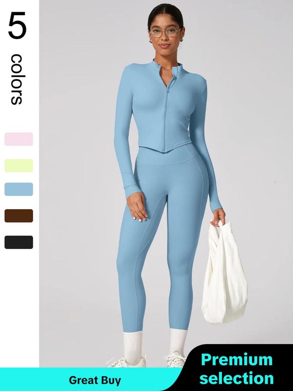Two-Piece Set Women's Solid Zip Up Jacket & High Waist Leggings Tracksuit Set, Sporty Breathable Comfy Outfits for Yoga Gym Workout Running, Ladies Sportswear for All Seasons
