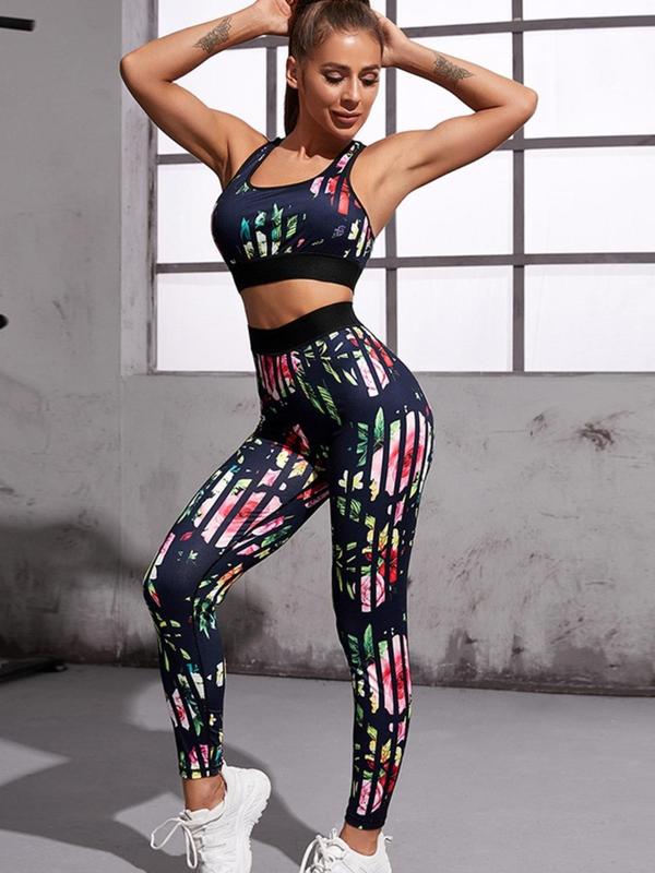 Women's Floral & Striped Print Tracksuit Set, Sporty Scoop Neck Crop Tank Top & High Waist Leggings, Workout Gym Yoga Clothes Set