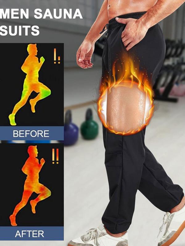 Men's Solid Drawstring Waist Pocket Sauna Pants, Regular Fit Casual Sweat-Enhancing Jogger Pants for Workout Gym, Mens Sports Bottoms for All Seasons