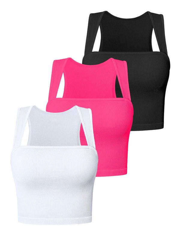 Women's Solid Square Neck Crop Sports Vest, Sporty High Stretch Sleeveless Tank Top for Yoga Gym Workout, Running Vest, Ladies Sportswear for All Seasons, Tops for Women, Cute Gym Clothes, Gym Clothing