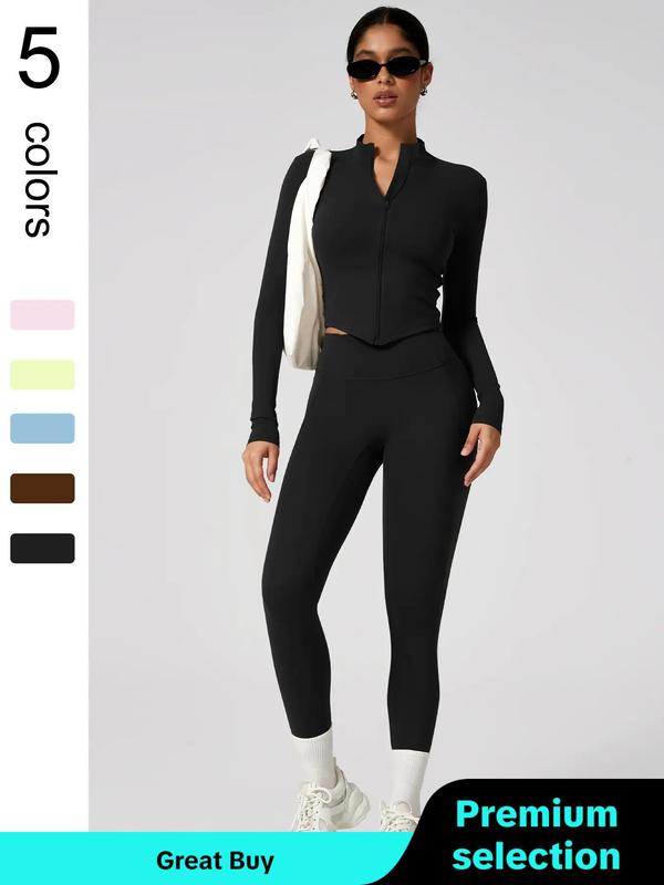Two-Piece Set Women's Solid Zip Up Jacket & High Waist Leggings Tracksuit Set, Sporty Breathable Comfy Outfits for Yoga Gym Workout Running, Ladies Sportswear for All Seasons