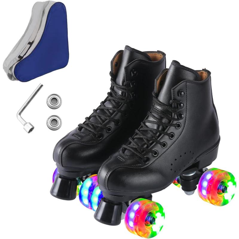 Roller Skates for Men and Women, Black Derby Roller Skates with 4 Shiny Wheel, Classic Double-Row Roller Skates for Indoor and Outdoor