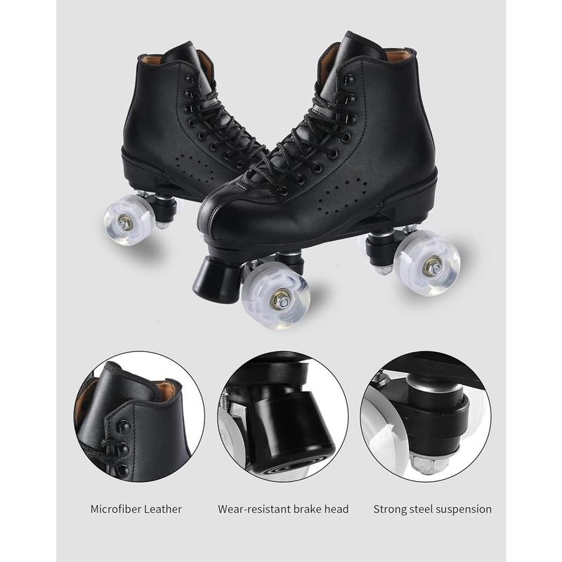 Roller Skates for Men and Women, Black Derby Roller Skates with 4 Shiny Wheel, Classic Double-Row Roller Skates for Indoor and Outdoor