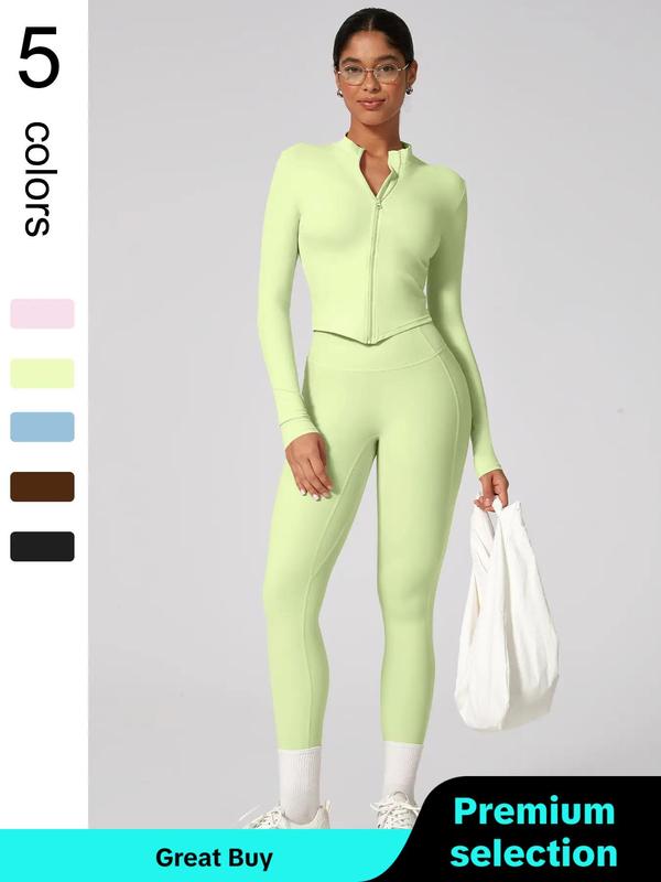 Two-Piece Set Women's Solid Zip Up Jacket & High Waist Leggings Tracksuit Set, Sporty Breathable Comfy Outfits for Yoga Gym Workout Running, Ladies Sportswear for All Seasons