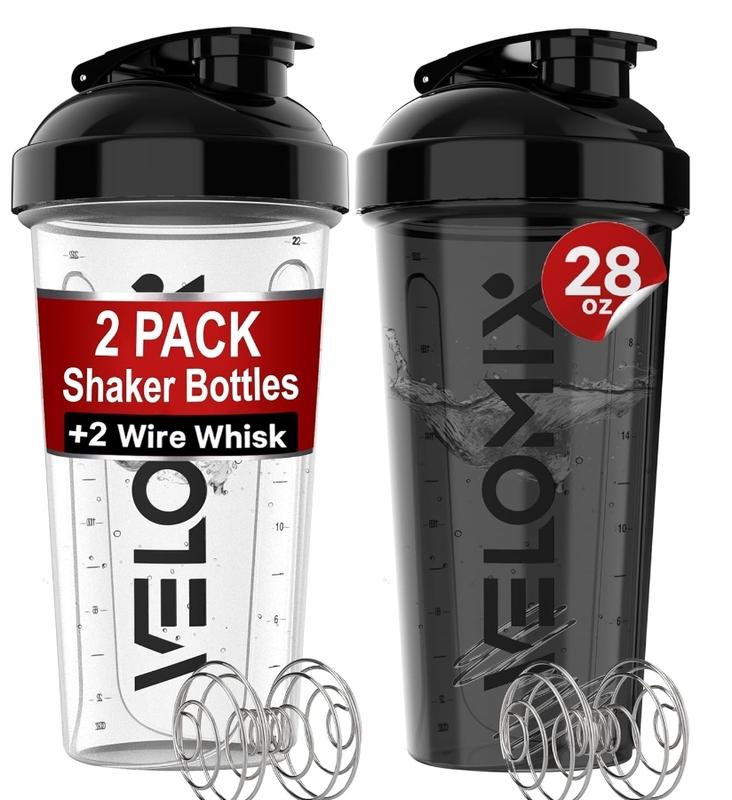 2 Pack- 28 oz Protein Shaker Bottles for Protein Mixes - 2x Wire Whisk | Leak Proof Shaker Cups for Protein Shakes | Protein Shaker Bottle Pack | Shakers for Protein Shakes-Black&Transparent