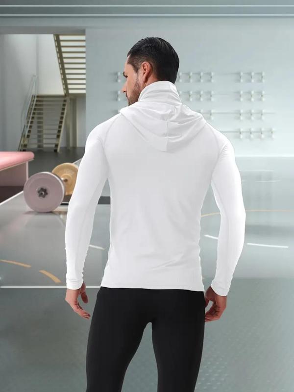 Men's Solid Long Sleeve Hooded Sports Tee, Hoodie with Face Mask, Quick Drying Breathable Comfortable Sports Top, Men's Sportswear Clothing for Outdoor Activities