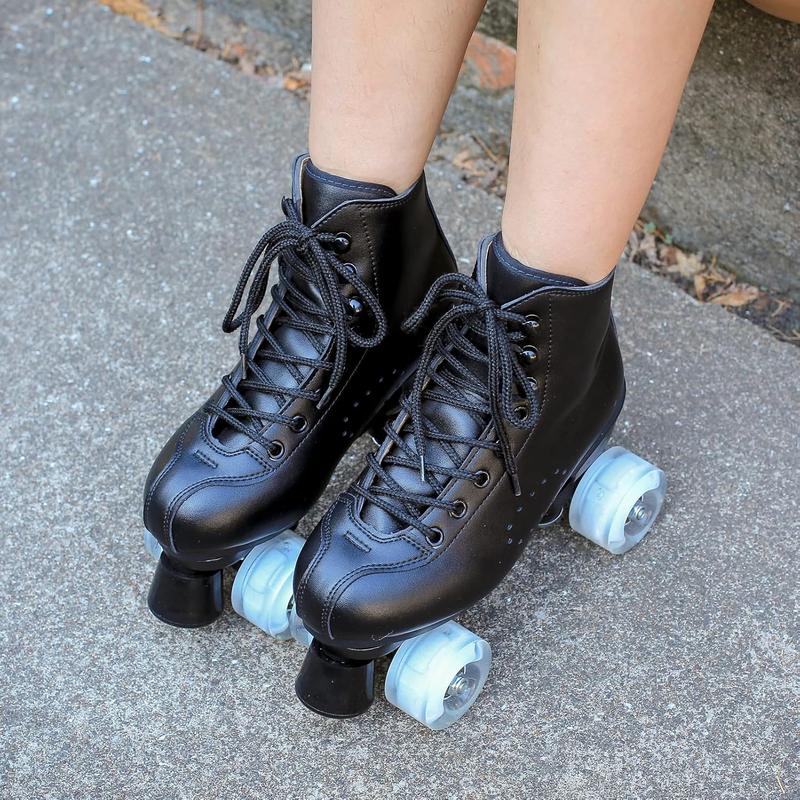 Roller Skates for Men and Women, Black Derby Roller Skates with 4 Shiny Wheel, Classic Double-Row Roller Skates for Indoor and Outdoor