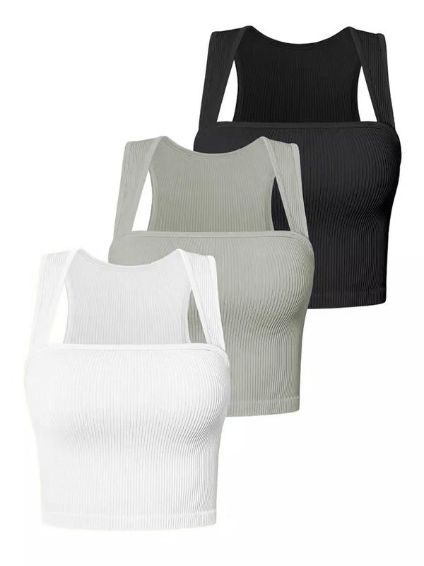 Women's Solid Square Neck Crop Sports Vest, Sporty High Stretch Sleeveless Tank Top for Yoga Gym Workout, Running Vest, Ladies Sportswear for All Seasons, Tops for Women, Cute Gym Clothes, Gym Clothing