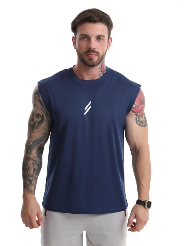 Men's Striped Print Round Neck Sports Vest, Regular Fit Sporty Breathable Sleeveless Tank Top for Gym Workout Running, Casual Sporty Top for Summer