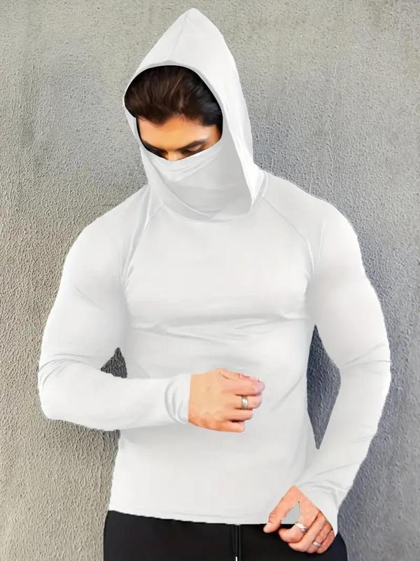 Men's Solid Long Sleeve Hooded Sports Tee, Hoodie with Face Mask, Quick Drying Breathable Comfortable Sports Top, Men's Sportswear Clothing for Outdoor Activities