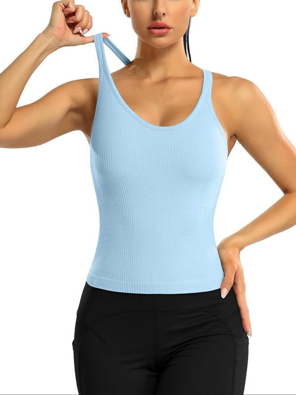 Sporty Women's Plain U Neck Padded Sports Tank Top, Summer Outfits, Sport Casual Sleeveless Top for Yoga Gym Workout, Running Vest, Women Sport & Outdoor Clothing for Summer, Gym Clothing, Summer Outfits 2024