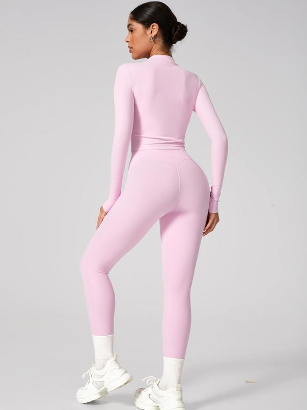 Two-Piece Set Women's Solid Zip Up Jacket & High Waist Leggings Tracksuit Set, Sporty Breathable Comfy Outfits for Yoga Gym Workout Running, Ladies Sportswear for All Seasons