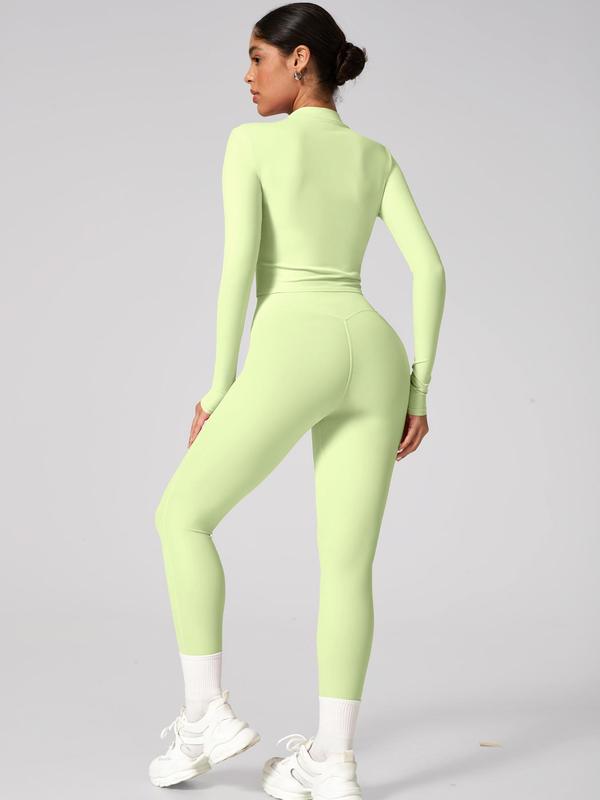 Two-Piece Set Women's Solid Zip Up Jacket & High Waist Leggings Tracksuit Set, Sporty Breathable Comfy Outfits for Yoga Gym Workout Running, Ladies Sportswear for All Seasons