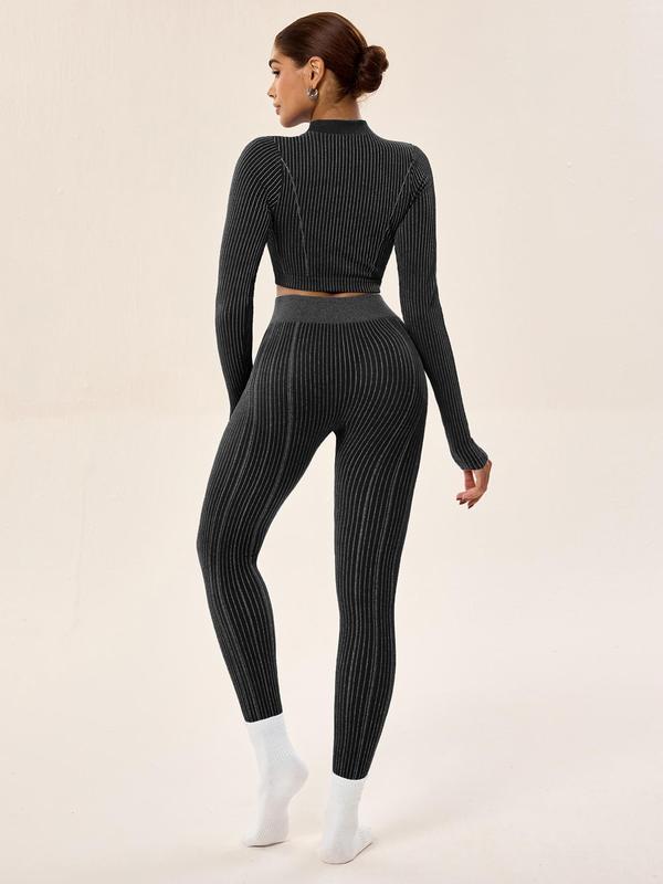Two-Piece Set Women's Solid Color Mock Neck Crop Top & High Waist Leggings Sportswear Set, Sporty Breathable Comfy Outfits for Yoga Gym Workout Running, Ladies Sportswear for All Seasons