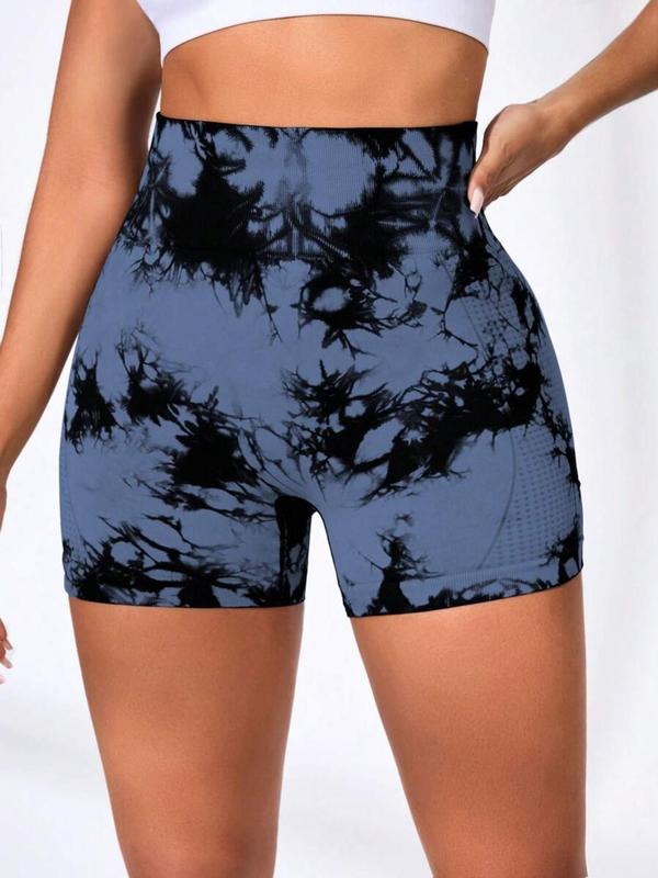 Women's Solid Tie Dye Print High Waist Sports Shorts, Breathable Comfortable High Stretch Yoga Shorts, Ladies Sportswear for Indoor Outdoor Wear