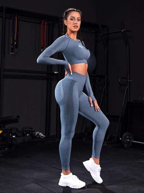 Two-piece Set Sporty Women's Plain Round Neck Crop Top & Ruched High Waist Leggings Tracksuit Set, Sport Comfy Breathable Two-piece Outfits for Yoga Gym Workout Running, Ladies Sportswear for All Seasons, Gym Clothes Set, Matching Sets