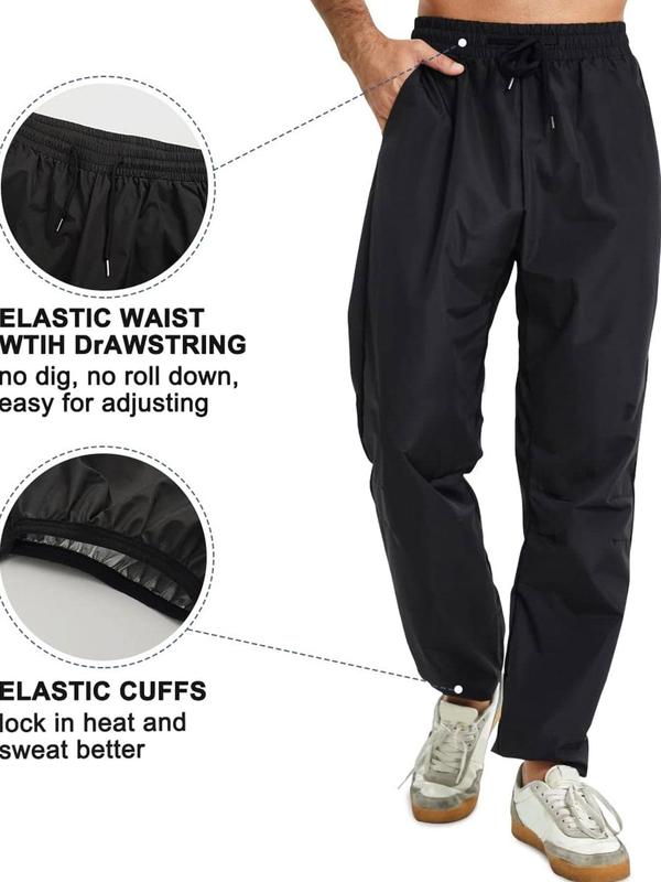 Men's Solid Drawstring Waist Pocket Sauna Pants, Regular Fit Casual Sweat-Enhancing Jogger Pants for Workout Gym, Mens Sports Bottoms for All Seasons