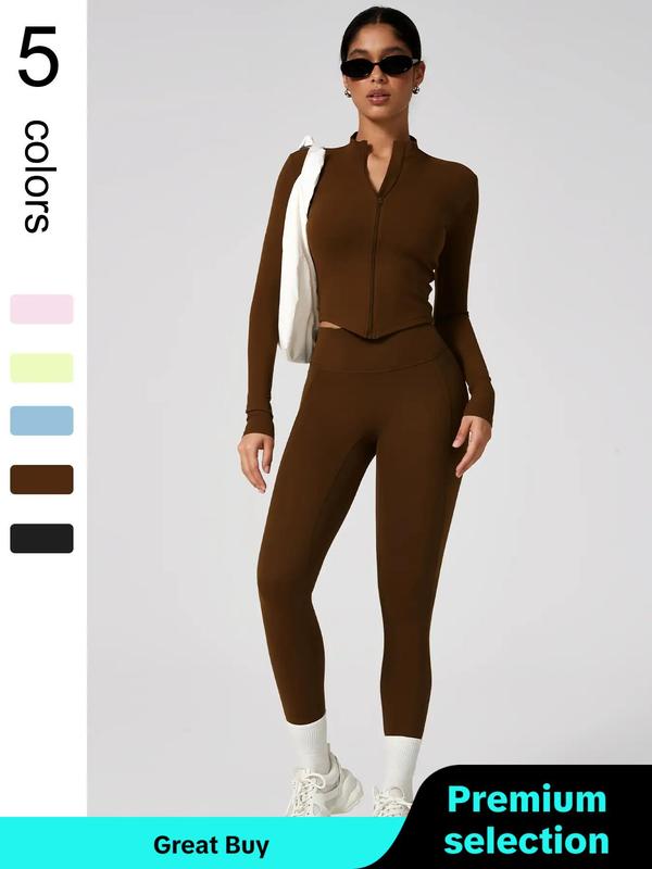 Two-Piece Set Women's Solid Zip Up Jacket & High Waist Leggings Tracksuit Set, Sporty Breathable Comfy Outfits for Yoga Gym Workout Running, Ladies Sportswear for All Seasons