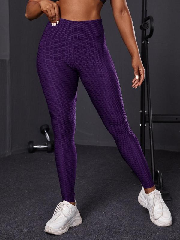 Women's Plain Textured Sports Leggings, Sporty High Waist Tummy Control Pants for Workout Running, Women's Sportswear & Activewear, Gym Clothing