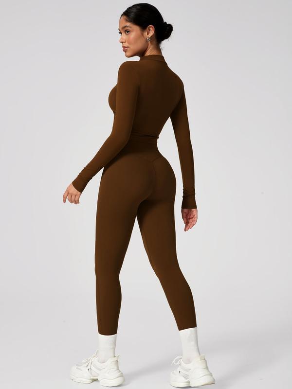 Two-Piece Set Women's Solid Zip Up Jacket & High Waist Leggings Tracksuit Set, Sporty Breathable Comfy Outfits for Yoga Gym Workout Running, Ladies Sportswear for All Seasons