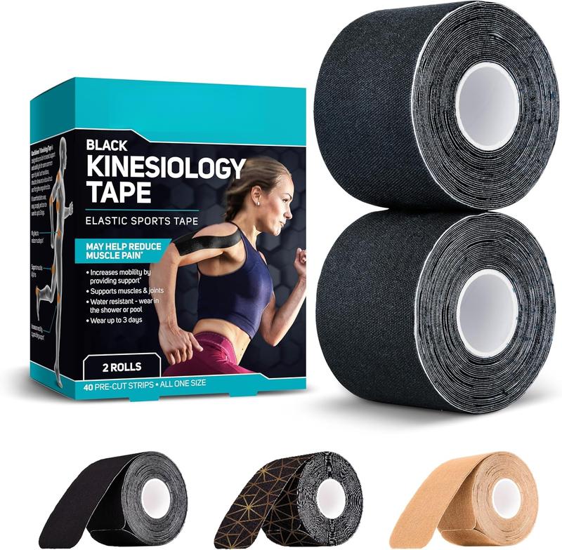 Waterproof Kinesiology Tape, 40 ct Precut Strips (2 Rolls), Black | Elastic Sports & Weightlifting Tape Supports Muscles & Joints. Water Resistant