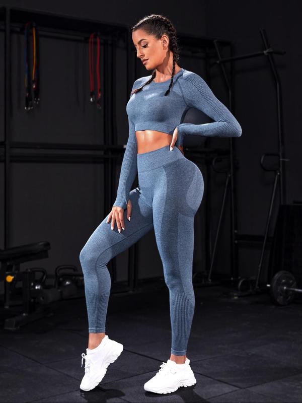 Two-piece Set Sporty Women's Plain Round Neck Crop Top & Ruched High Waist Leggings Tracksuit Set, Sport Comfy Breathable Two-piece Outfits for Yoga Gym Workout Running, Ladies Sportswear for All Seasons, Gym Clothes Set, Matching Sets