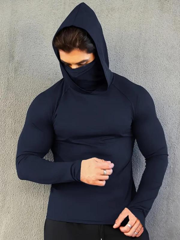 Men's Solid Long Sleeve Hooded Sports Tee, Hoodie with Face Mask, Quick Drying Breathable Comfortable Sports Top, Men's Sportswear Clothing for Outdoor Activities