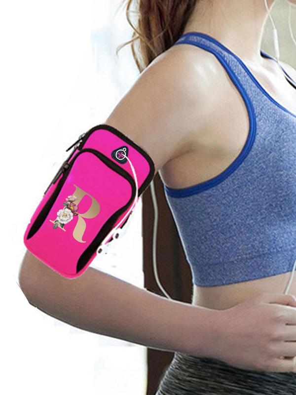 Letter Pattern Sports Arm Mobile Phone Bag, Floral & Letter Decor Zipper Wrist Bag, Versatile Outdoor Fitness Wrist Bag for Running Cycling & More