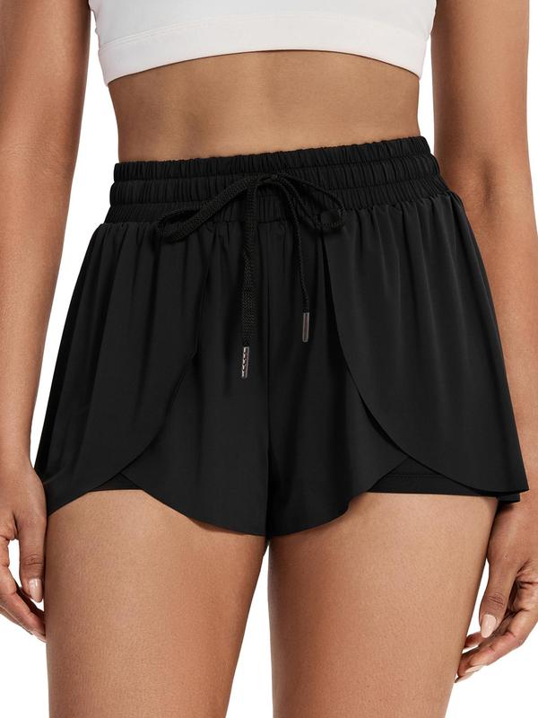 Women's Solid 2 IN 1 Drawstring Waist Wrap Pocket Sports Gym Shorts, Sporty Casual High Waist Shorts for Gym Yoga Workout Tennis, Ladies Sports Shorts