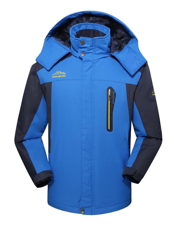 Men's Solid Color Drawstring Pocket Zipper Sports Thermal Lined Jacket, Casual Long Sleeve Button Outerwear for Fall & Winter, Men's Sportswear for Outdoor Activities