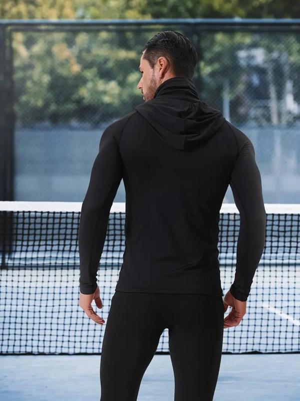 Men's Solid Long Sleeve Hooded Sports Tee, Hoodie with Face Mask, Quick Drying Breathable Comfortable Sports Top, Men's Sportswear Clothing for Outdoor Activities