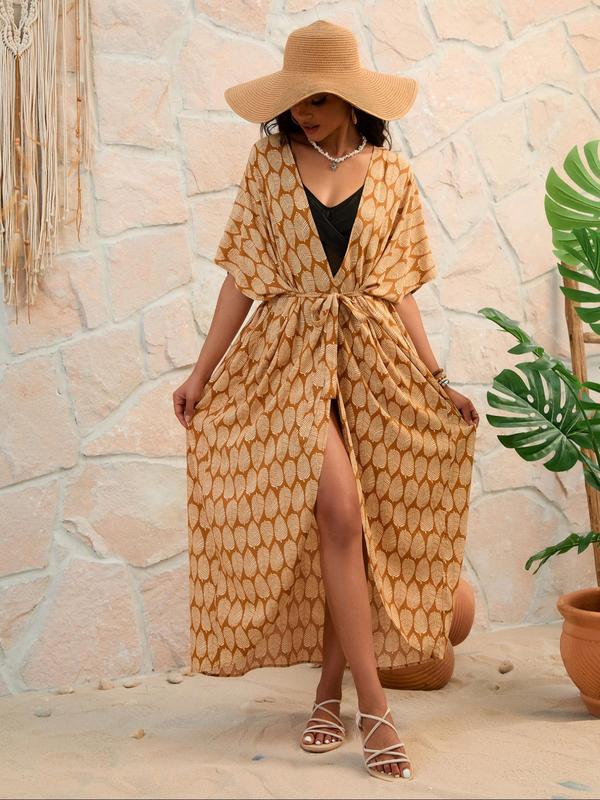 Plus Size All Over Leaf Print Belted Tie Front Kimono, Casual Batwing Sleeve Kimono, Women's Swimwear for All Seasons Beach Vacation Holiday