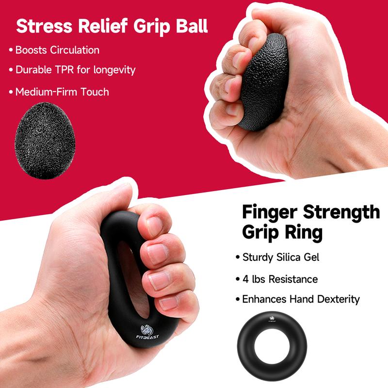 FitBeast Funny Hand Grip Strengthener Workout Kit (5 Pack) Forearm Grip Adjustable Resistance Hand Gripper, Finger Exerciser, Finger Stretcher, Grip Ring & Stress Relief Grip Ball for Athletes