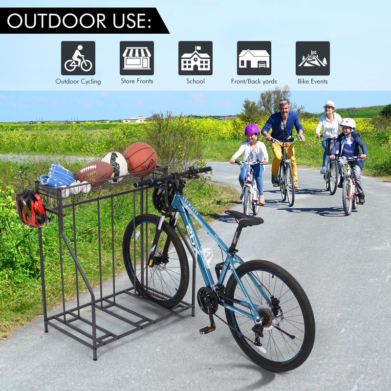 Bike Rack for Garage Floor,Bike Bicycle Floor Parking Stands for Mountain, Hybrid or Kids Bikes, Free Standing Bike Holder with Adjustable Bike Slot, 3 Bike Stands and 6 Hooks, Sports Storage Station