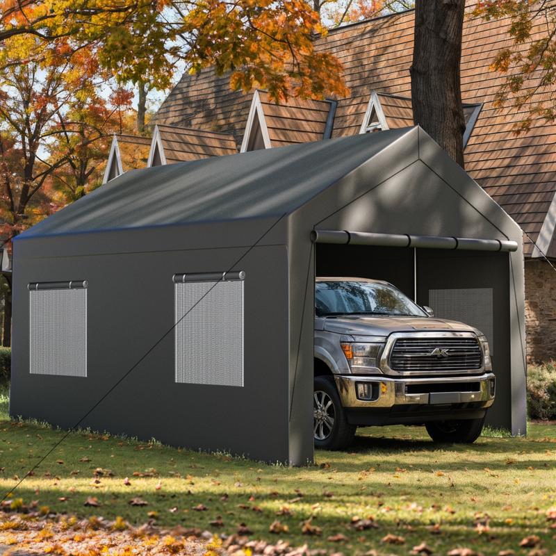 10x20 ft Carport, Heavy Duty Carport Canopy with Roll-Up Windows, Portable Garage with Removable Sidewalls & Doors, Car Canopy with All-Season Tarp for Car Boat Truck Party