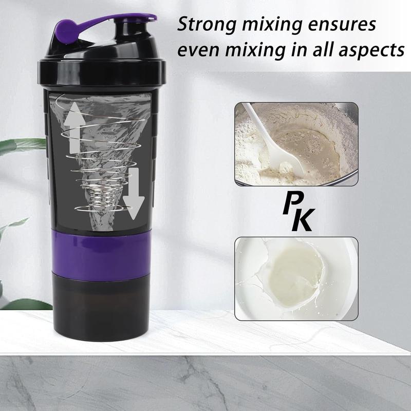 Shaker Bottle - Protein Shaker Cup with Storage Compartments - Leak-proof Workout Shake Bottles with Mixer for Smooth Mixing-500ML 16oz (PURPLE & BLACK)