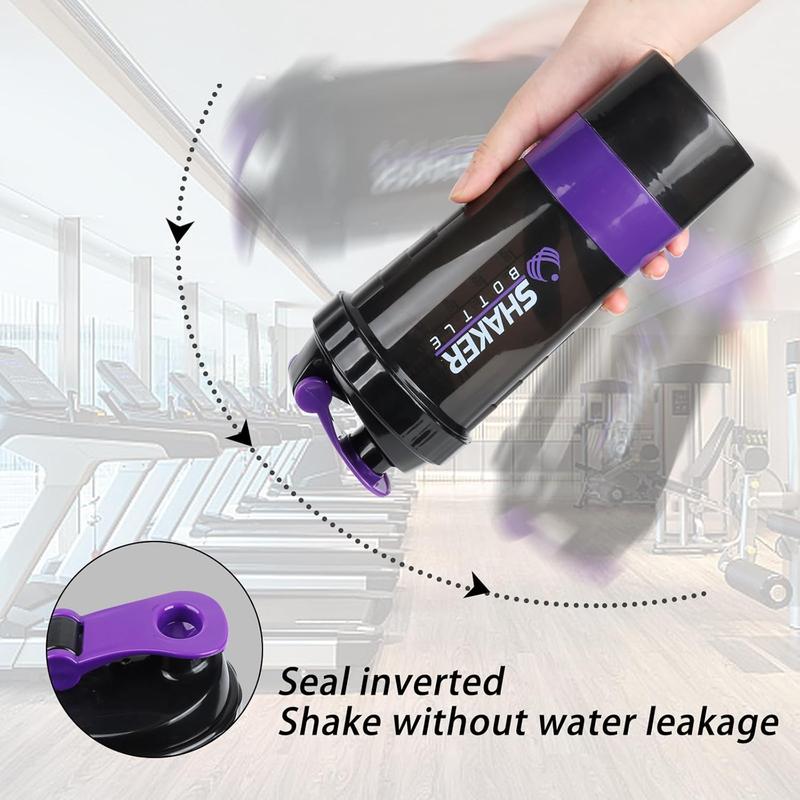 Shaker Bottle - Protein Shaker Cup with Storage Compartments - Leak-proof Workout Shake Bottles with Mixer for Smooth Mixing-500ML 16oz (PURPLE & BLACK)