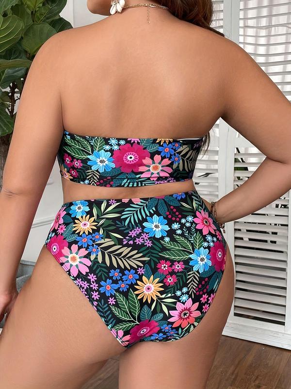 Plus Size Floral Leaf Print Bikinis Set, Backless Swim Tube Top & High Waist Swim Panty, Summer Bathing Suits, Women's Swimwear for Summer