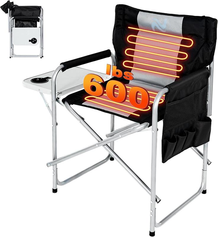 LILYPELLE Oversized Heated Director Camping Chair, Portable Directors Chair with 3 Heat Levels, Heavy Duty Outdoor Heating Folding Chair Camp Chairs with Side Table, Pocket for Camping, Fishing, Picnic, Lawn