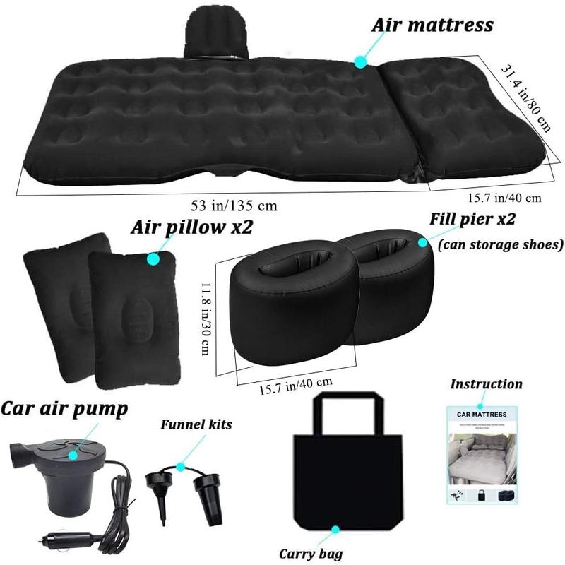 Inflatable Car Air Mattress Travel Bed - Thickened Camping Bed Sleeping Pad with Car Air Pump 2 Pillows for Car Tent SUV Sedan Pickup Back Seat - Black