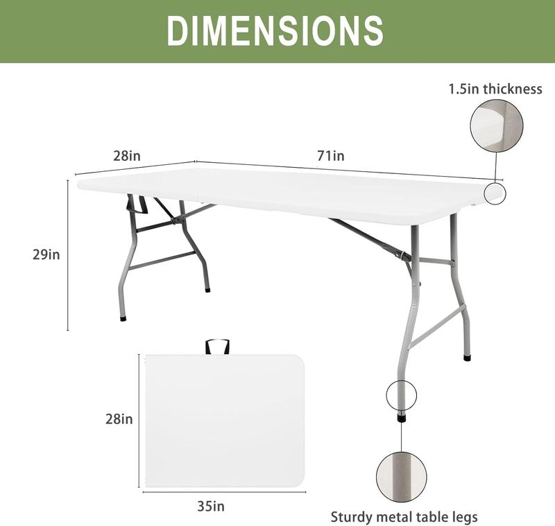 6FT Plastic Folding Table, Portable Picnic Table Outdoor, for Camping, Party, Wedding,Picnic, with Lock, Handle - White