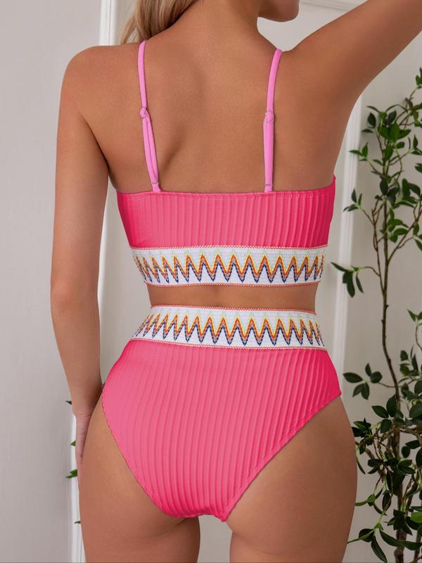 Two-Piece Set Women's Summer Sexy Textured Contrast Chevron Tape Swimsuit Set, Swimsuit Sets Bathing Suits 2024 Summer Tummy Control Swimwear, Back To School Ribbed Bikini Top & High Waist Swimwear, Summer Outfits 2024, Minimalistic Outfit