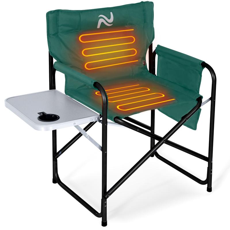 MOPHOTO Oversized Directors Chair, Heated Camping Chair Outdoor Portable Heating Folding Chair with Side Table, Pocket for Camping, Lawn, Sports