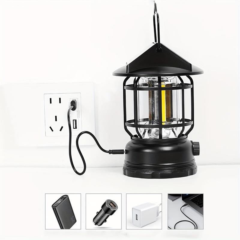 Outdoor LED Solar Camping Lantern, Vintage Camping Light with Knob Dimmable, Portable Tent Light with Hook, Outdoor Table Lamp for Camping, Tenting