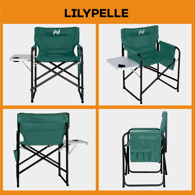 MOPHOTO Oversized Directors Chair, Heated Camping Chair Outdoor Portable Heating Folding Chair with Side Table, Pocket for Camping, Lawn, Sports