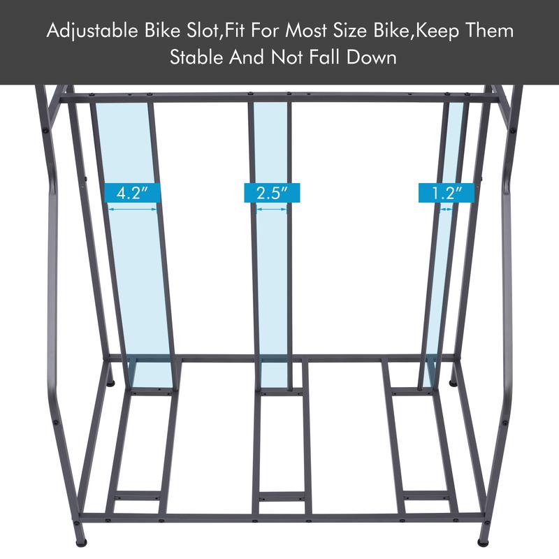 Bike Rack for Garage Floor,Bike Bicycle Floor Parking Stands for Mountain, Hybrid or Kids Bikes, Free Standing Bike Holder with Adjustable Bike Slot, 3 Bike Stands and 6 Hooks, Sports Storage Station