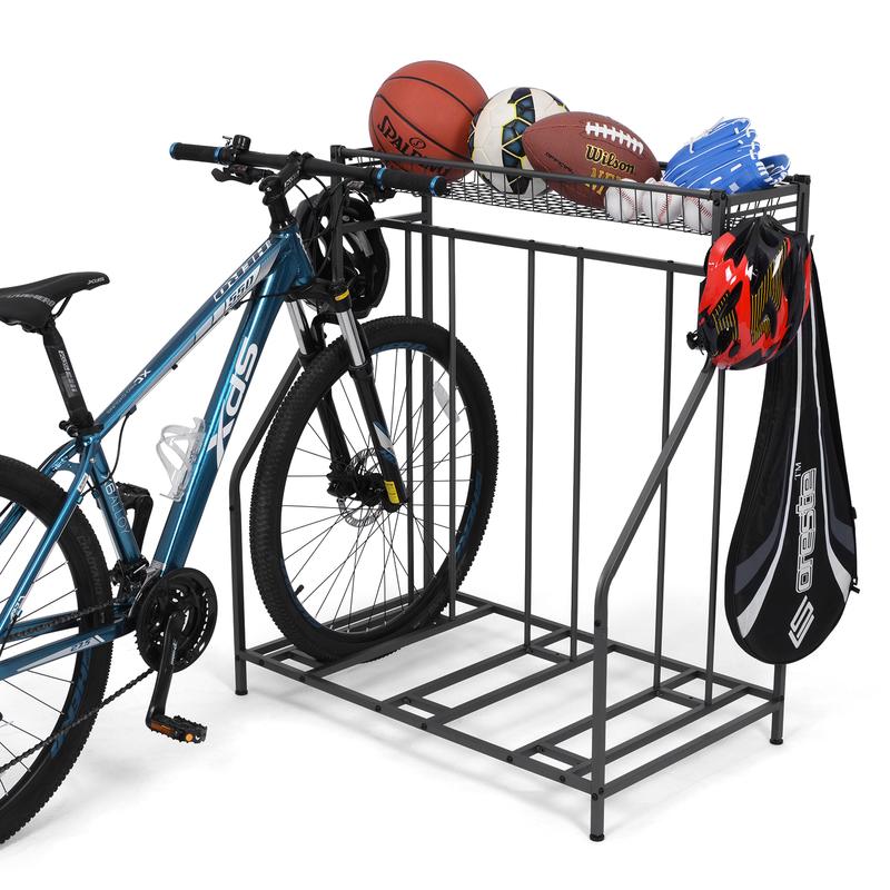 Bike Rack for Garage Floor,Bike Bicycle Floor Parking Stands for Mountain, Hybrid or Kids Bikes, Free Standing Bike Holder with Adjustable Bike Slot, 3 Bike Stands and 6 Hooks, Sports Storage Station