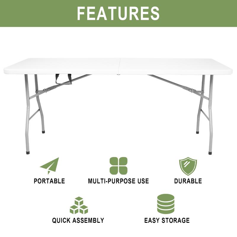 6FT Plastic Folding Table, Portable Picnic Table Outdoor, for Camping, Party, Wedding,Picnic, with Lock, Handle - White